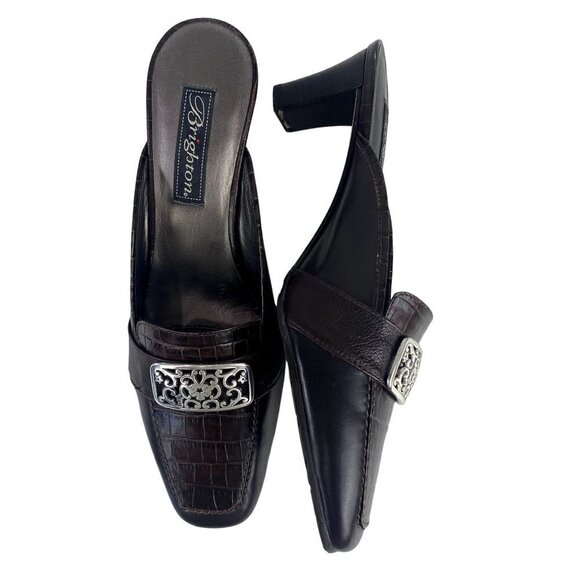 Brighton Steph Chocolate Brown Leather Crocodile Mule Heels 7.5 - Picture 1 of 8
